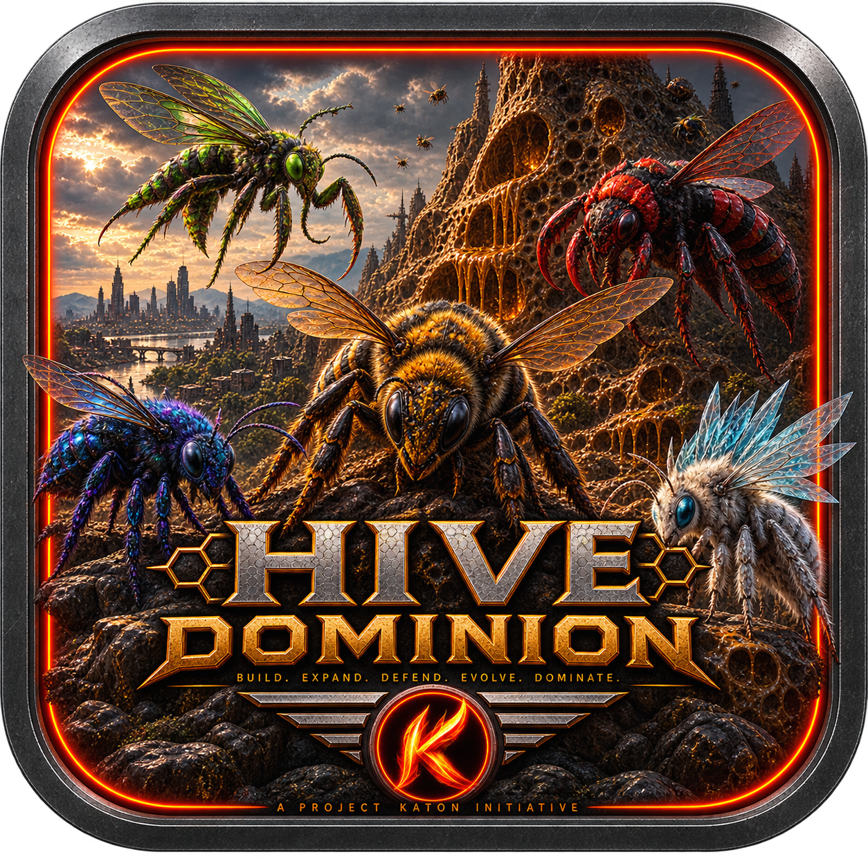 Hive Dominion key art: giant Battle Bees above towering hives and an overgrown city.